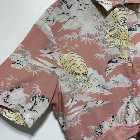AllSaints Blouse Womens L Pink Leni Borneo Tie Front Tropical Tiger Short Sleeve - Picture 6 of 10
